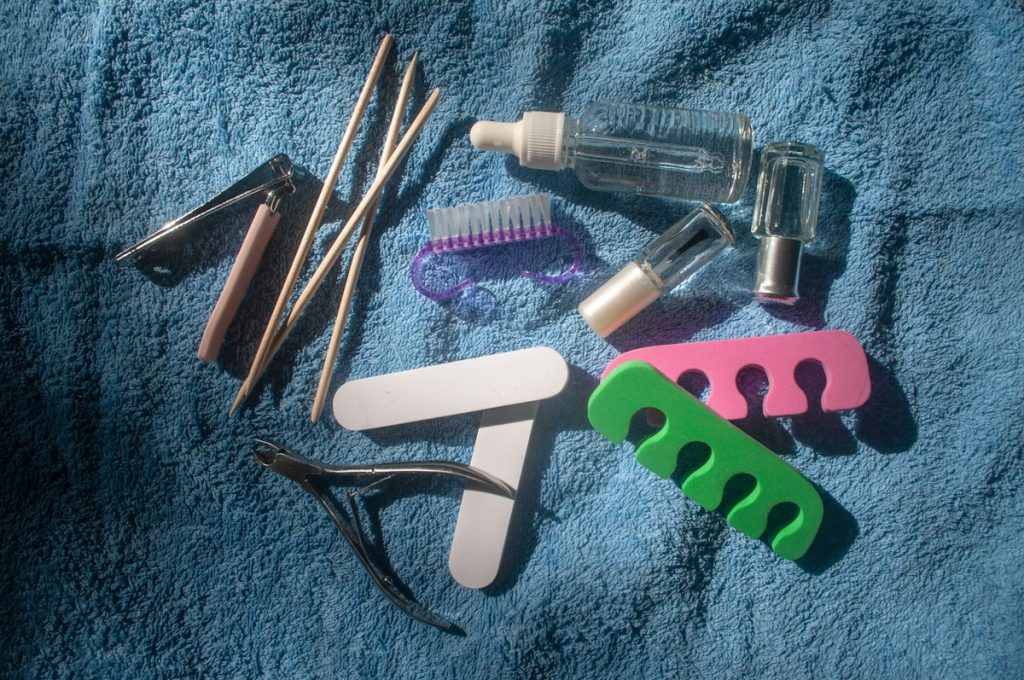 After a pedicure: pedicure tools on a blue towel