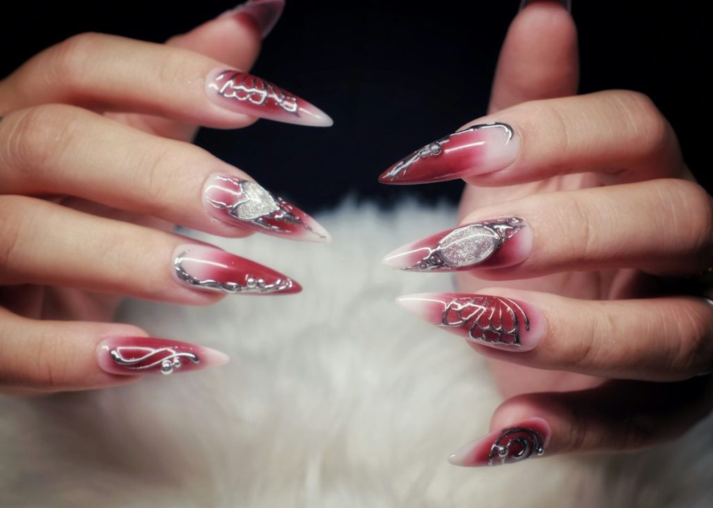 Nail design: long red ombre nail art