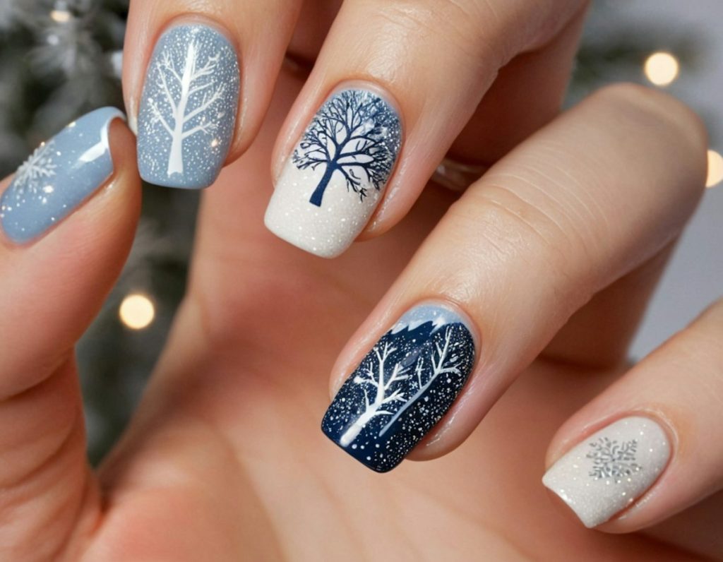 Nail design: winter tree nail art in blue and white