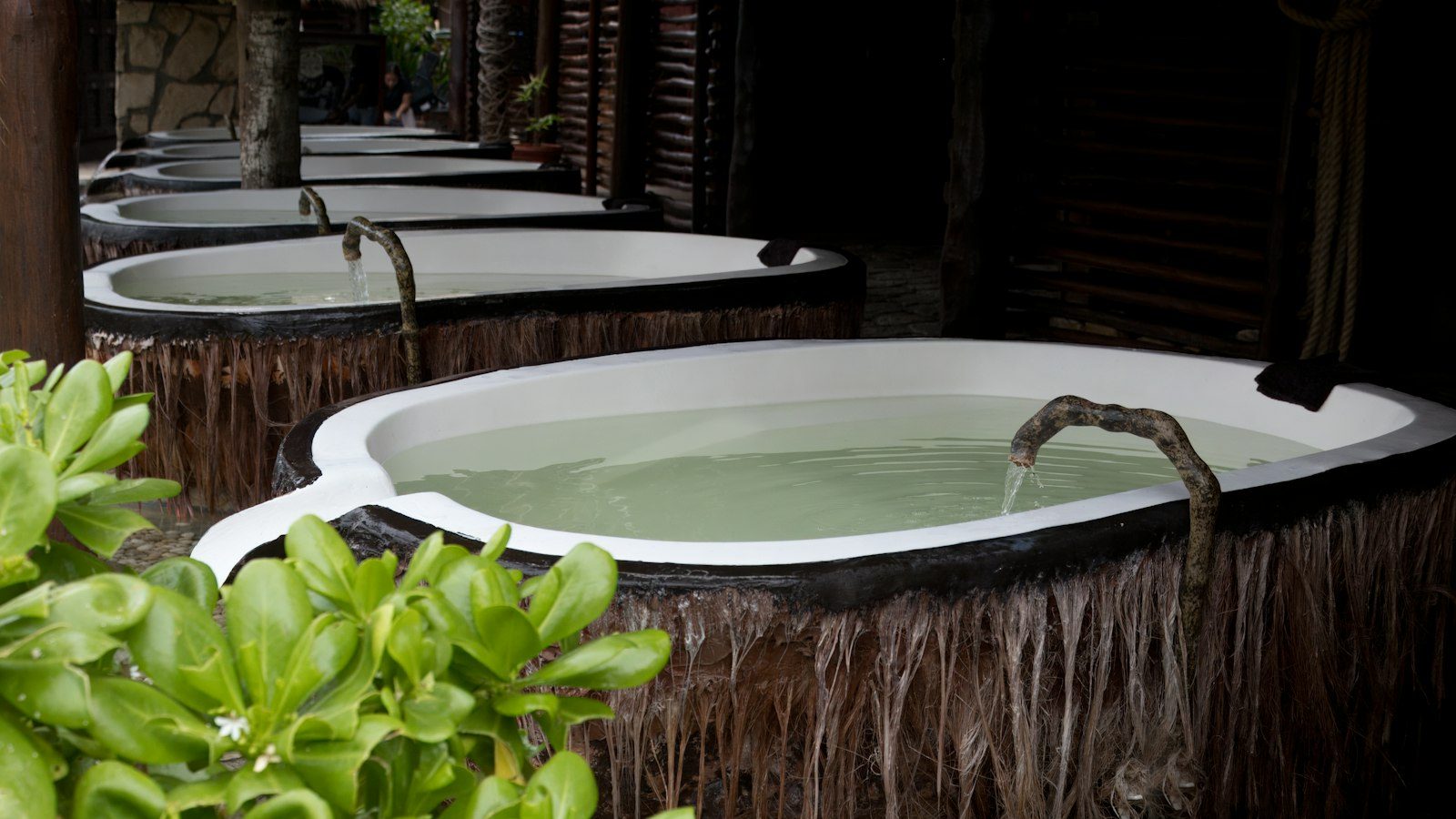 Moroccan bath: outdoor spa bath surrounded by plants